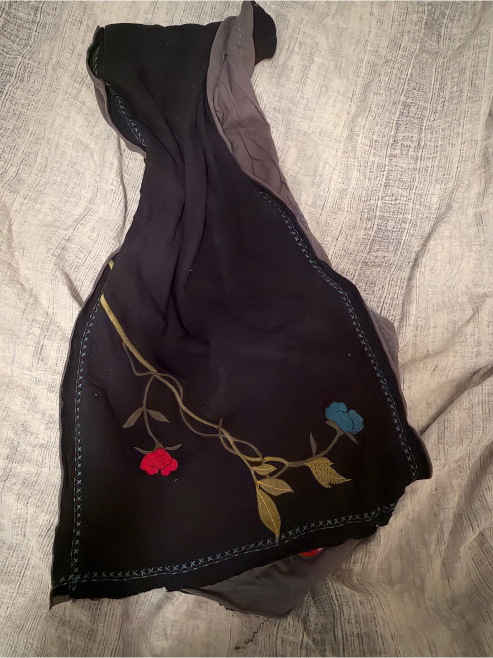 Johnny Was Black Scarf with Red & Green Floral Embroidery - Picture 2 of 2